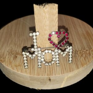 I Heart (Love) MOM Wearable Pin Silver & Cranberry Rhinestones Brooch 1.5 x 1.25